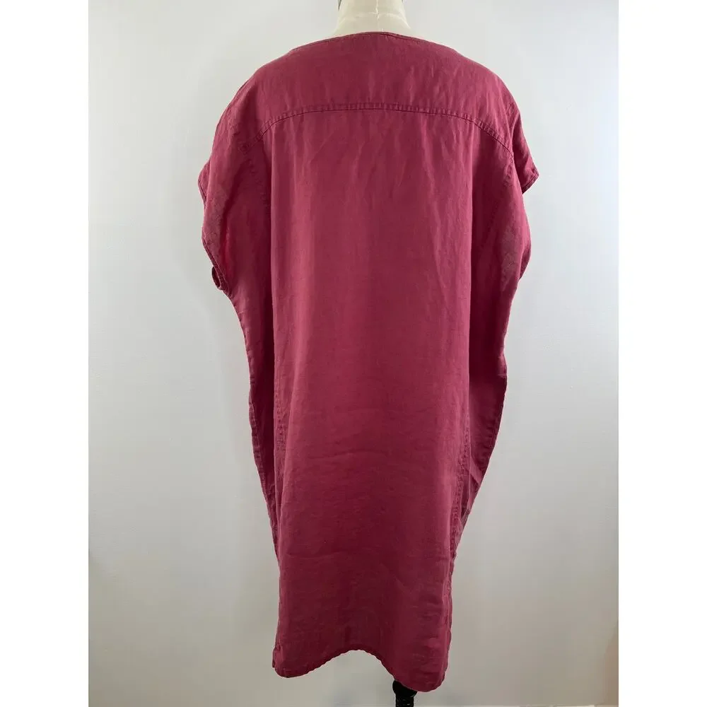 Eileen Fisher Red Scoop Neck Batwing Sleeve Women's Organic Linen Shift Dress L